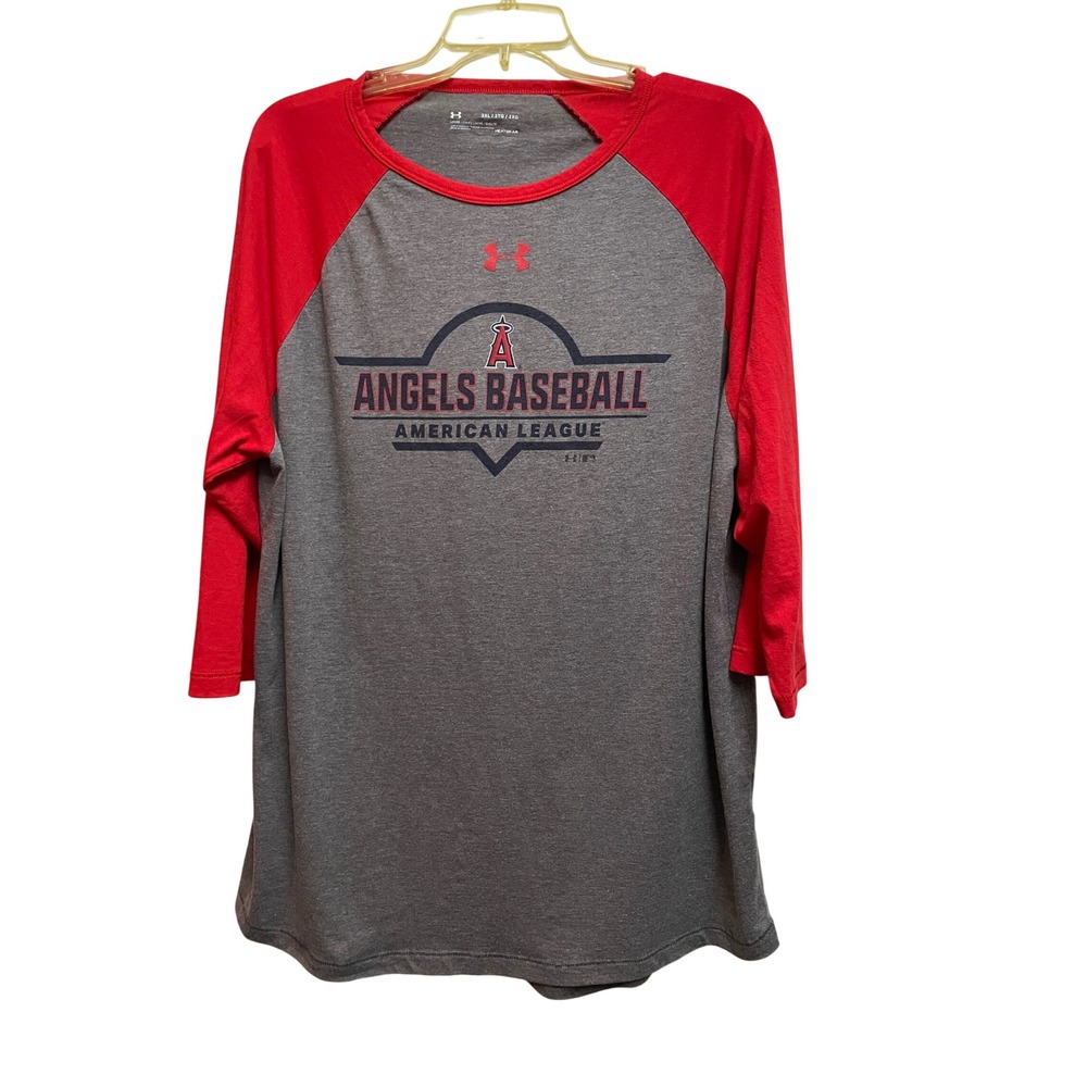 Under Armour Mens Los Angeles Angels Raglan 3/4 Sleeve Shirt Grey Red 2XL